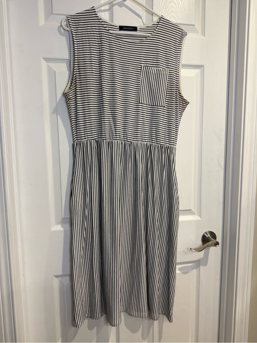 Madewell Black and White Striped Sleeveless Midi Dress with Pocket